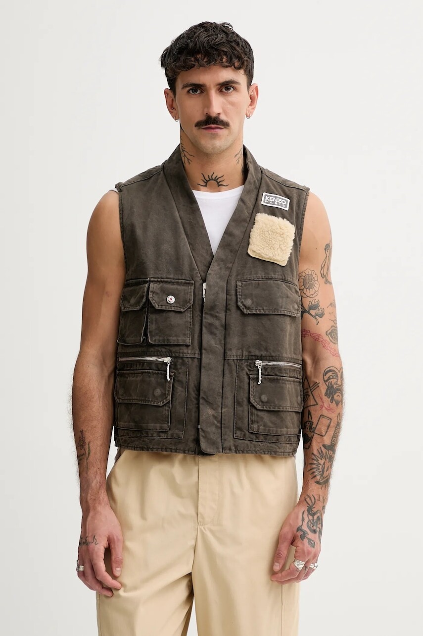 Bavlnená vesta bez rukávov Kenzo Multipocket Gilet hnedá farba, prechodný, FE65VE0089GK.92