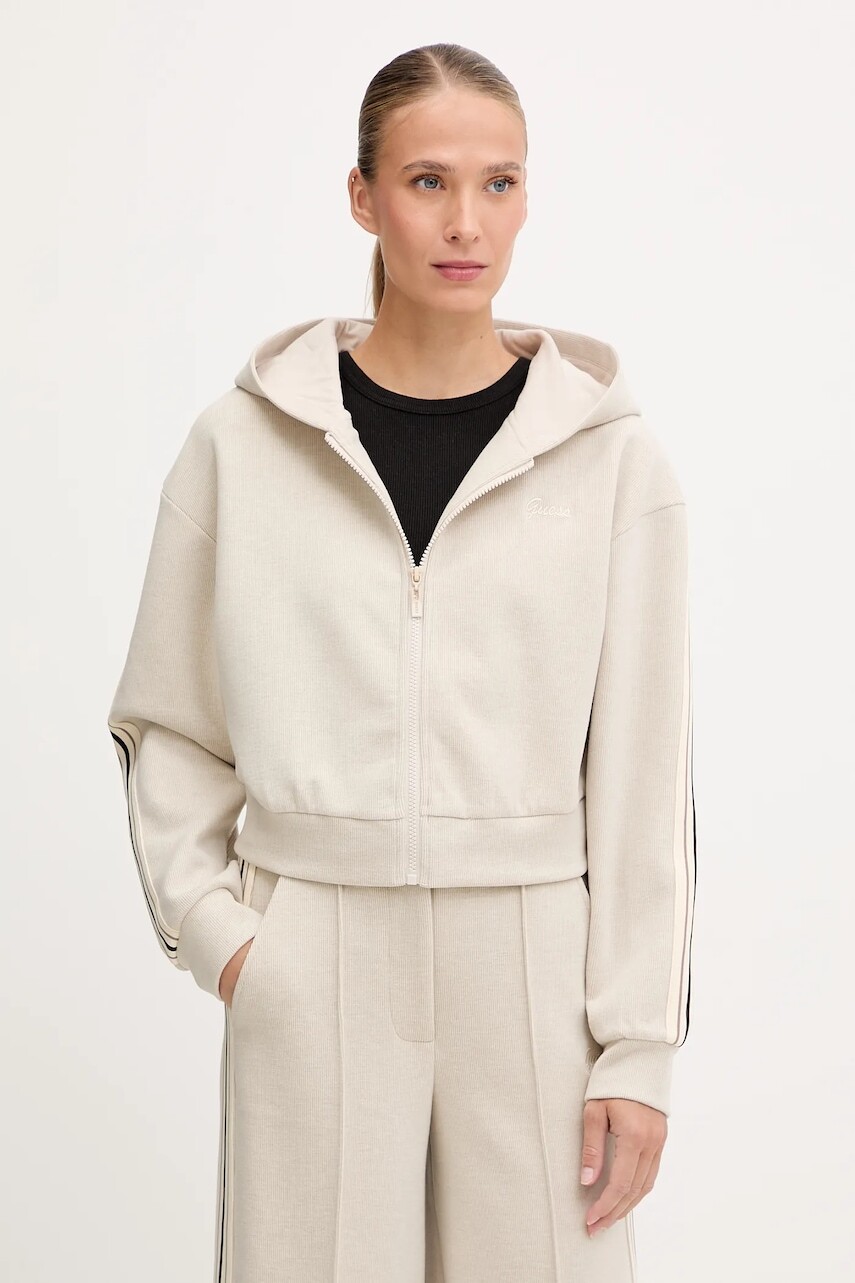 Mikina s prímesou vlny Guess MURIEL béžová farba, s kapucňou, s nášivkou, V5BQ17 KCX52