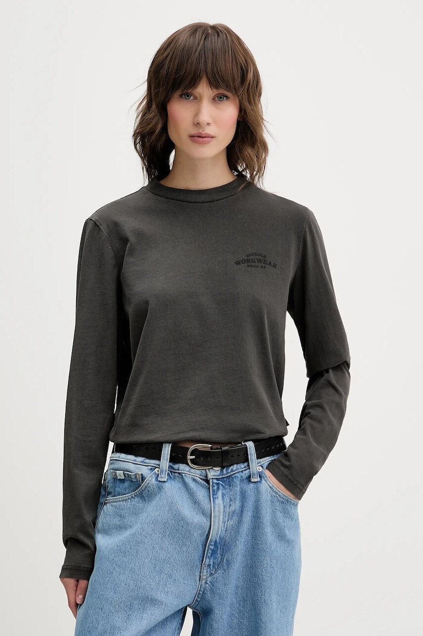 Bavlnené tričko s dlhým rukávom Dickies šedá farba, DK0A87Q6
