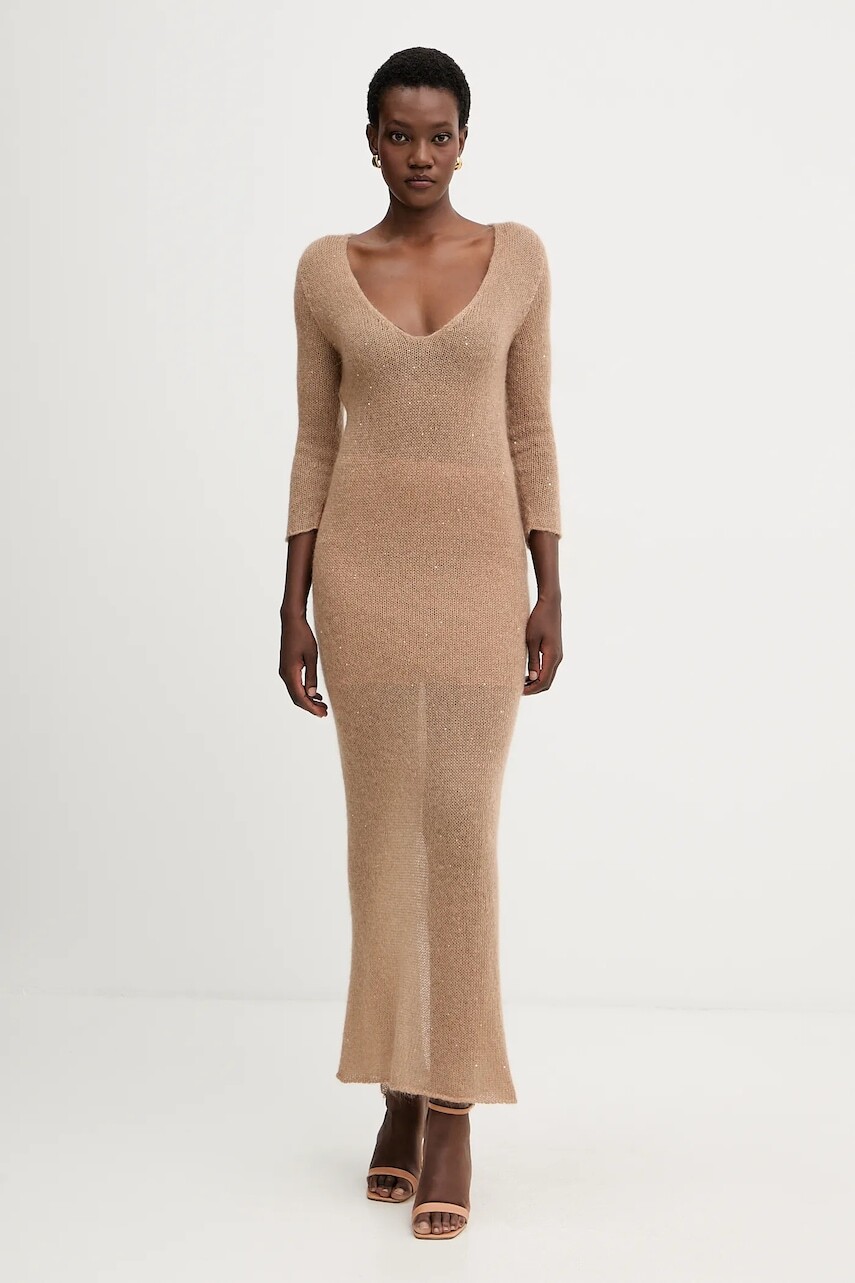 Šaty s prímesou vlny Liviana Conti hnedá farba, maxi, rovný strih, L5WG63