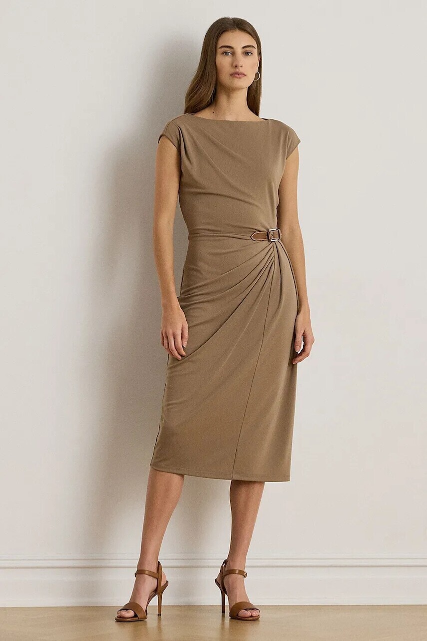 Šaty Lauren Ralph Lauren hnedá farba, midi, priliehavé, 200980221