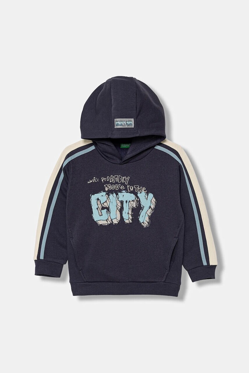 Detská mikina United Colors of Benetton šedá farba, s kapucňou, s potlačou, 3YBPG2018