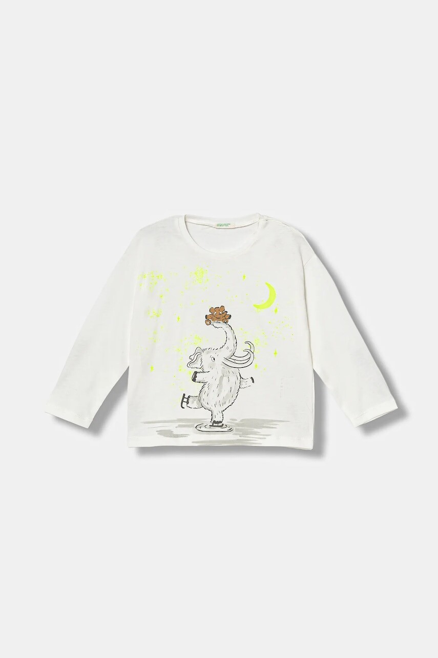 Detské bavlnené tričko s dlhým rukávom United Colors of Benetton biela farba, s potlačou, 3ATNA106R