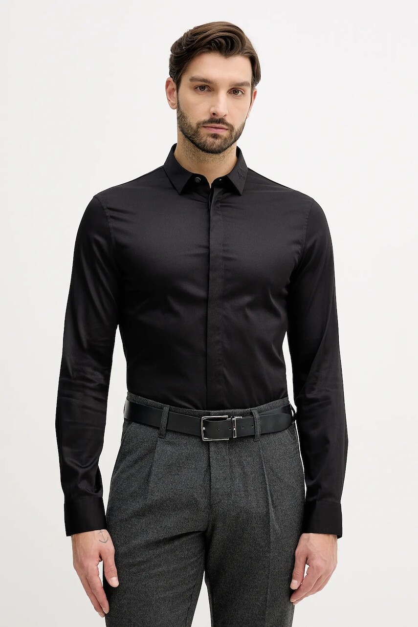 Košeľa Armani Exchange čierna farba, slim, s klasickým golierom, XM001867 AF10192