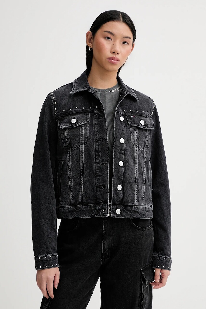 Rifľová bunda Tommy Jeans čierna farba, prechodná, DW0DW21547
