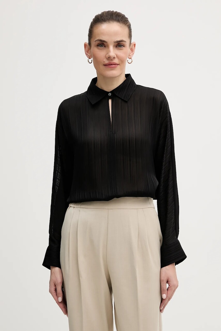 Košeľa Sisley čierna farba, voľný strih, s klasickým golierom, 5FGXLQ0A6