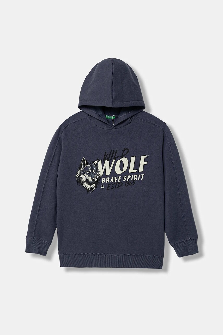 Detská mikina United Colors of Benetton šedá farba, s kapucňou, s potlačou, 3J73C205C