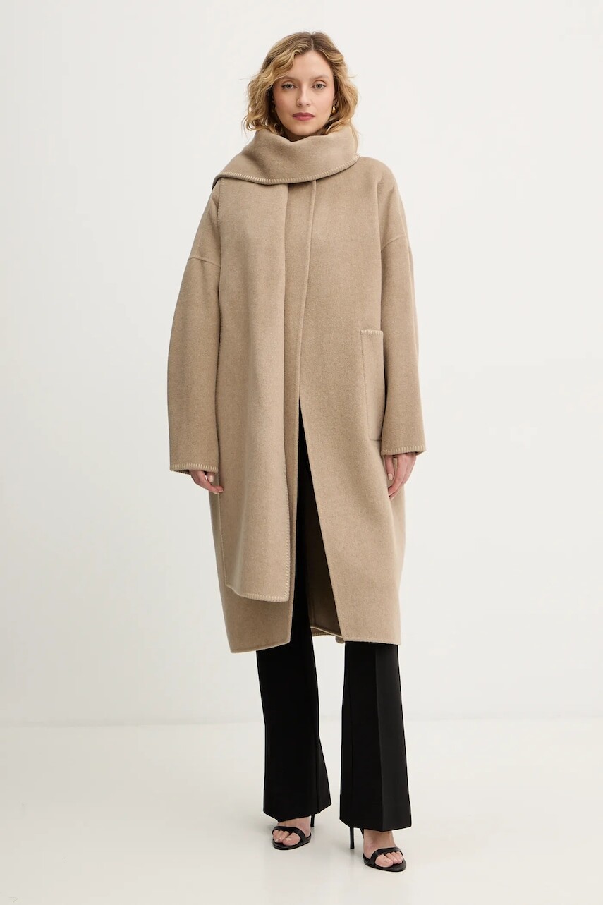 Kabát s prímesou vlny BOSS béžová farba, 50550809