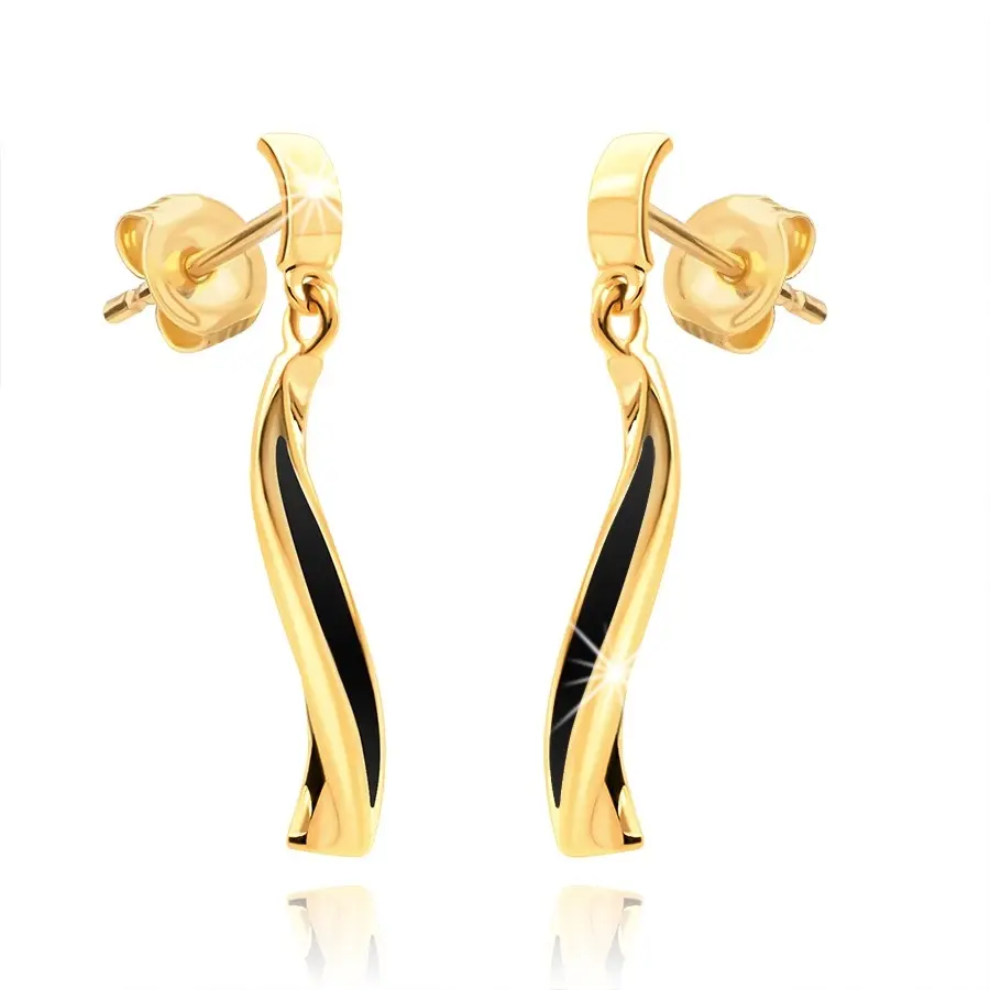 Zlaté náušnice 9K s vlnkou a čiernou glazúrou na oblúku