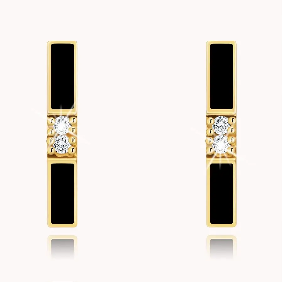 Zlaté náušnice 9K so zvislou zalomenou líniou, čiernou glazúrou a zirkónmi