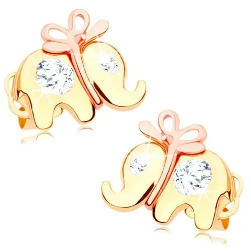 Zlaté náušnice 14K v tvare slona s mašľou a zirkónmi