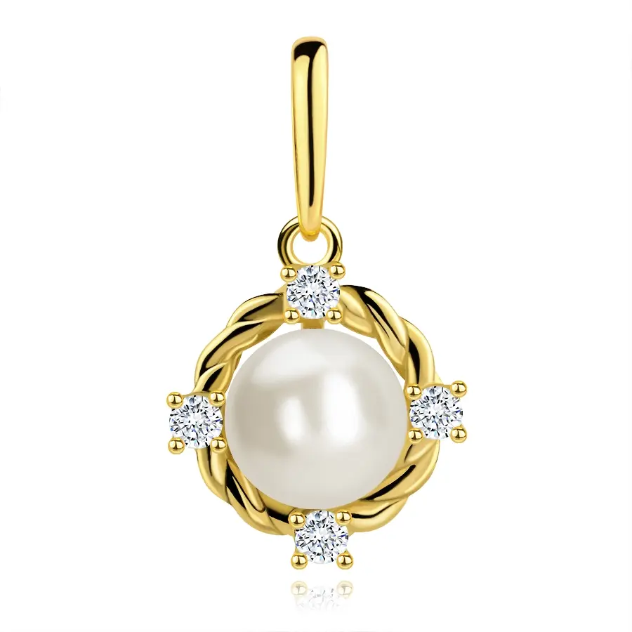 Zlatý prívesok 9K obruč v dizajne špirály, kultivovaná perla, zirkóny
