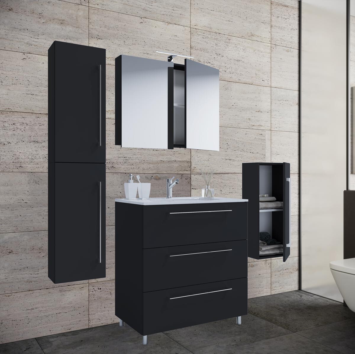 5-dielna stojaca umývadlová skrinka Badinos 3 zásuvky 80 cm so zrkadlom, stredná a vysoká skrinka, čierna