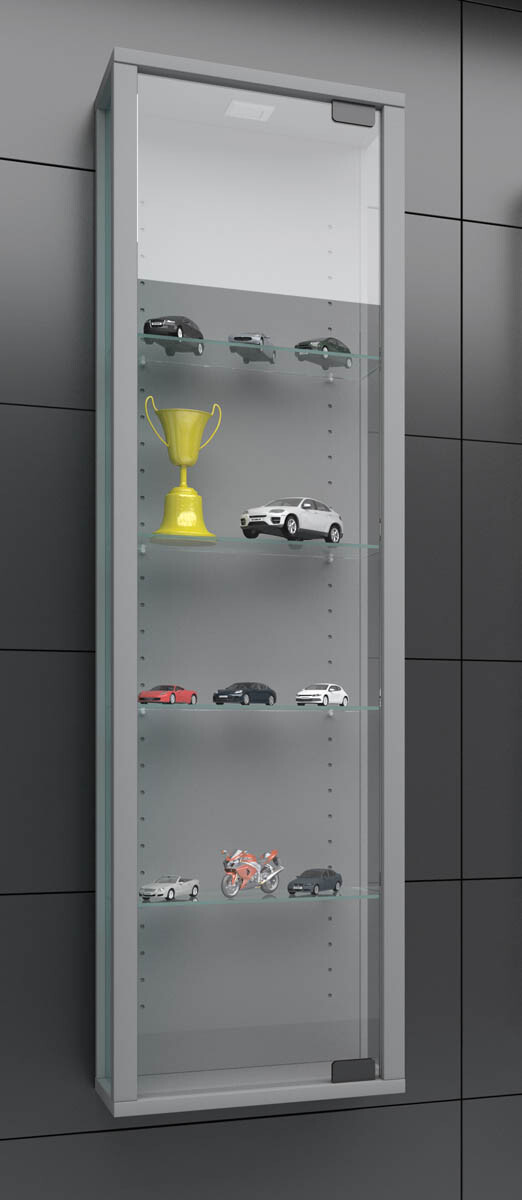 Nástenná vitrína Stano Mini s LED osvetlením, strieborná