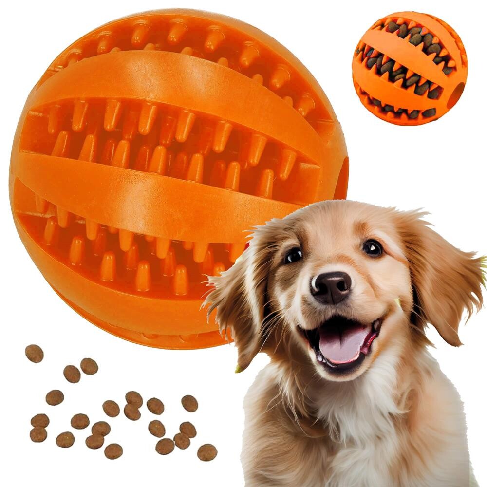 Hryzátko pre psa, gumená loptička na pamlsky a čistenie zubov, oranžová