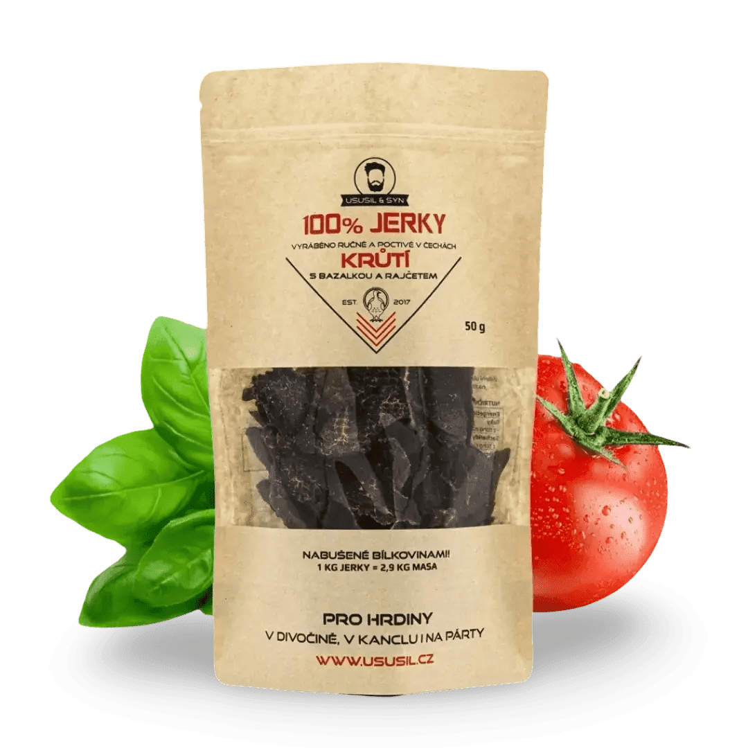 100% JERKY KRŮTÍ S BAZALKOU A RAJČATY 50g