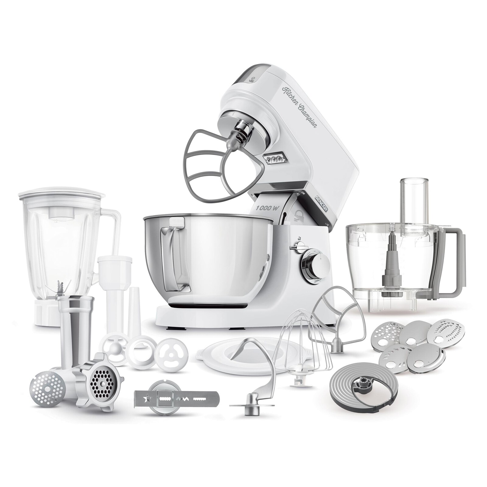 Sencor STM 635XWH + STX 046 Celokovový kuchynský robot Extrémne výkonný 1 000W motor, Robustné celokovové telo s kovovými prevodmi, Príslušenstvo na