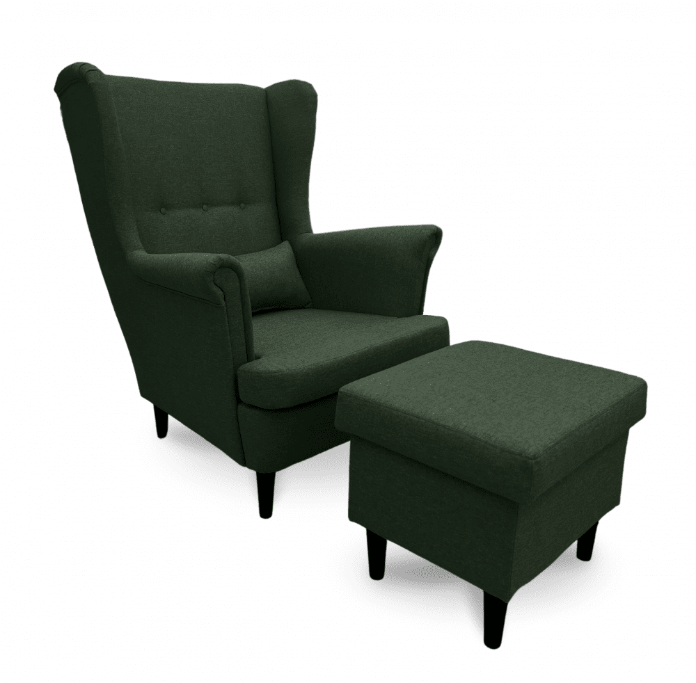 Kreslo ušiak VISBY + taburet s úložným priestorom - masív, látka, zelená