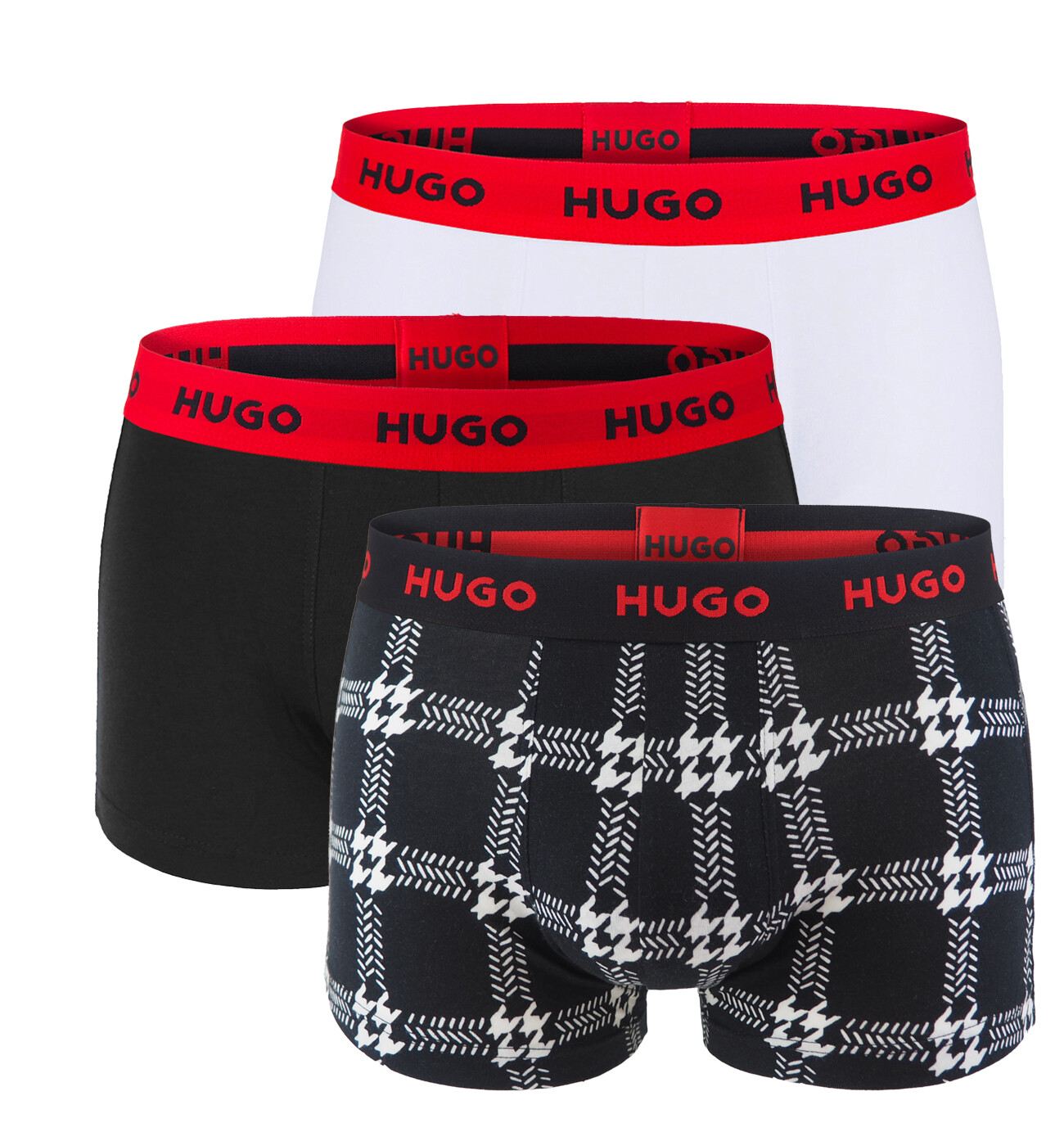 HUGO - boxerky 3PACK cotton stretch modern black grid & white color