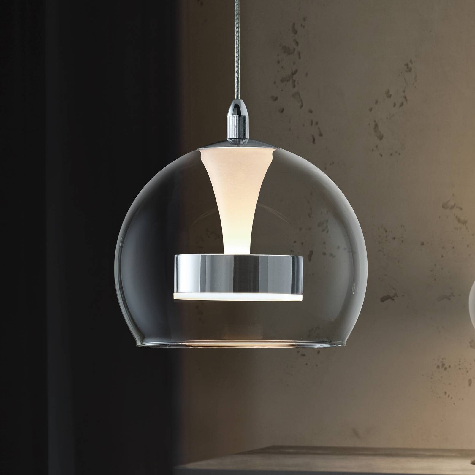 LED závesné svietidlo Flynt, Ø 20 cm, chrómová farba, kov/sklo, CCT