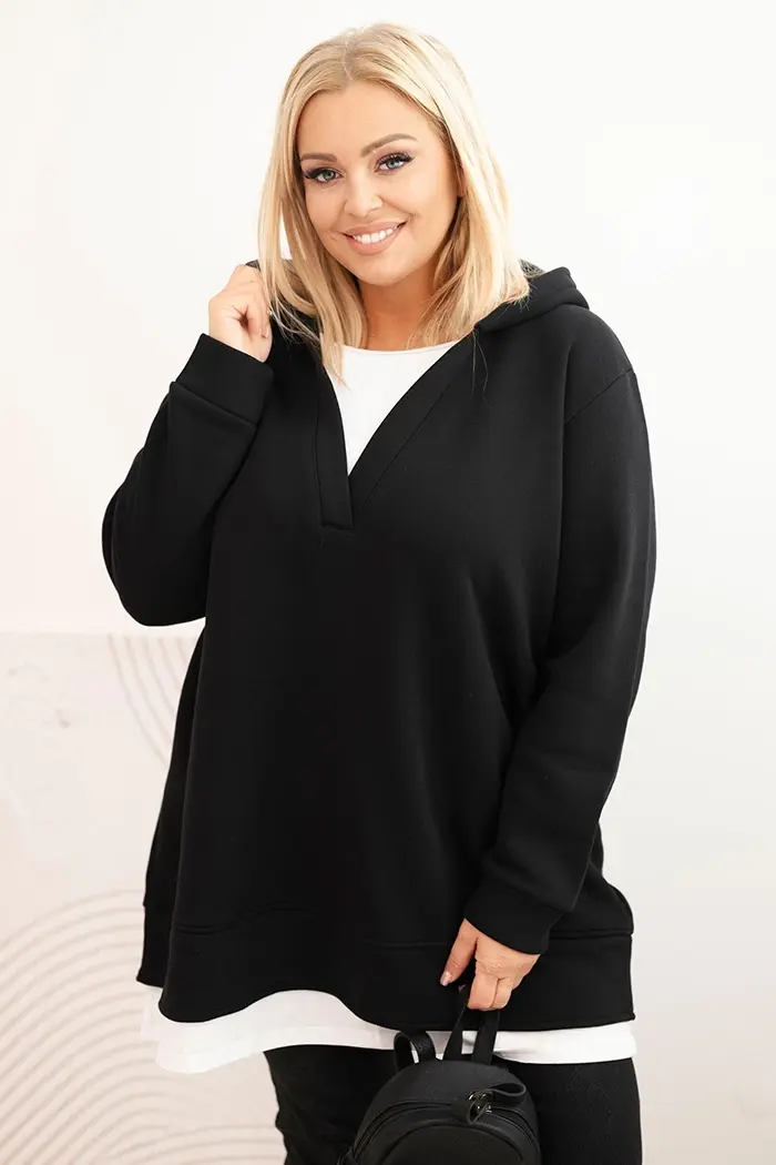 Kesi Dámska zateplená mikina Plus Size s kapucňou a výstrihom do V čierna