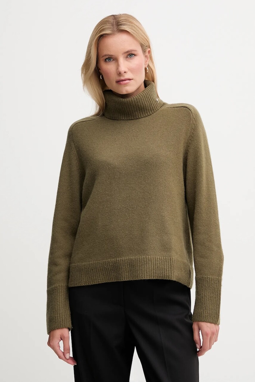 Sveter s prímesou vlny Joop! zelená farba, s rolákom, 30049417