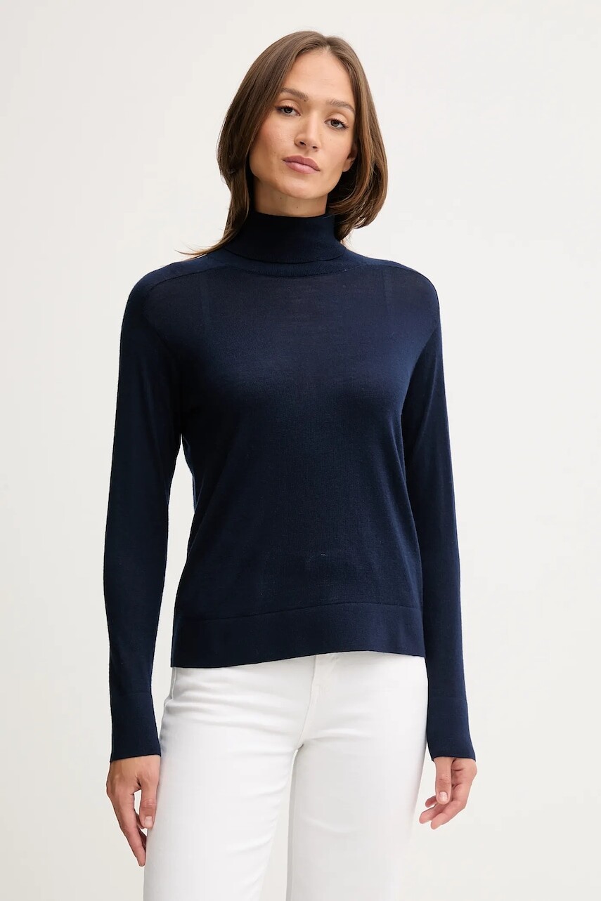 Vlnený sveter United Colors of Benetton tmavomodrá farba, ľahký, s rolákom, 11AHD203Y