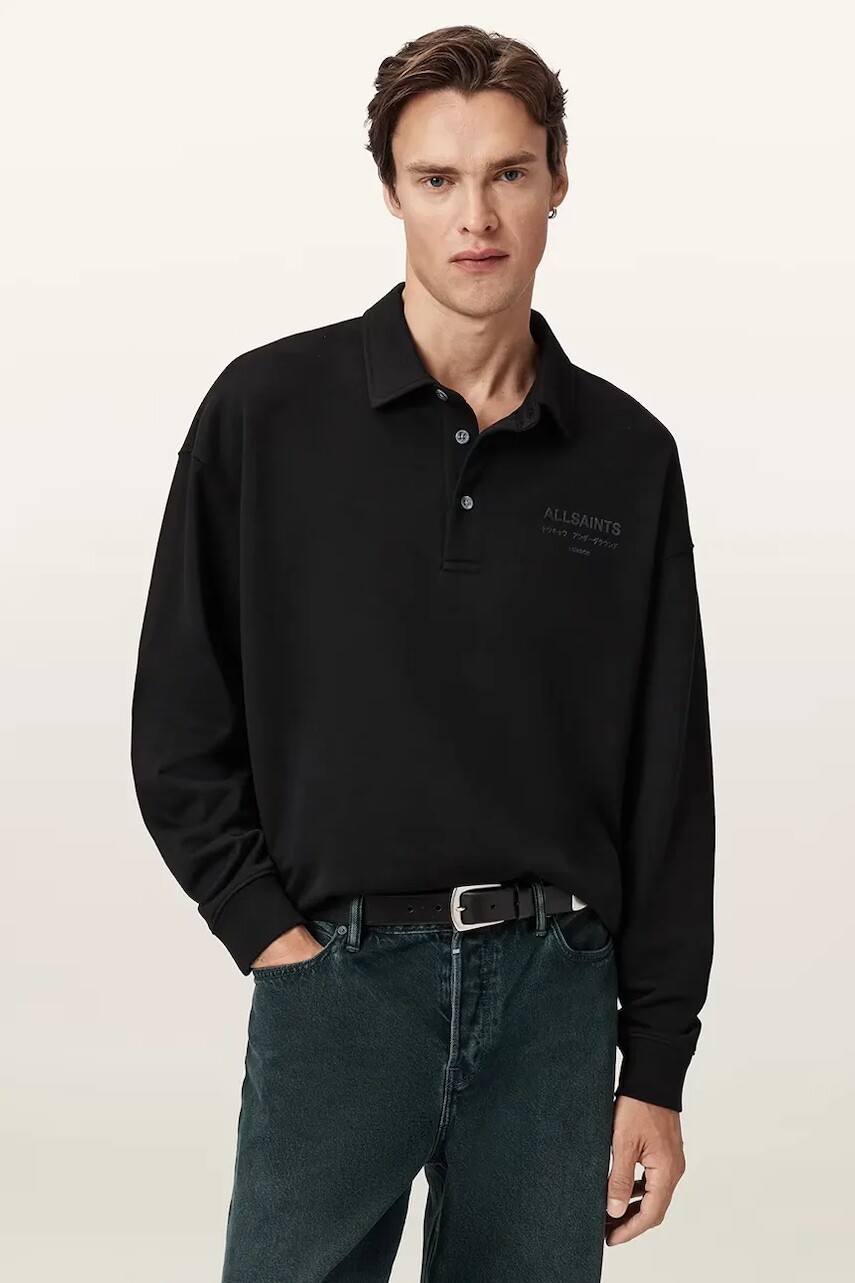 Bavlnená mikina AllSaints XANDER čierna farba, jednofarebná, M020NC