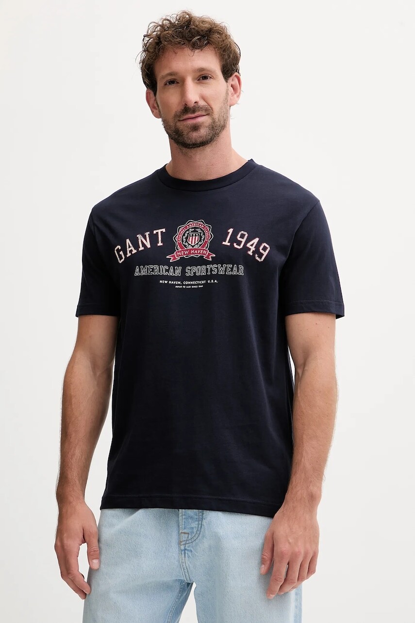 Bavlnené tričko Gant pánske, tmavomodrá farba, s potlačou, 2003353