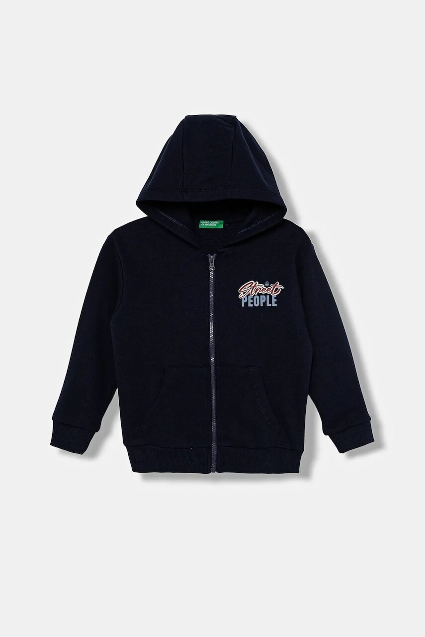 Detská bavlnená mikina United Colors of Benetton tmavomodrá farba, s kapucňou, vzorovaná, 3J68G503Y