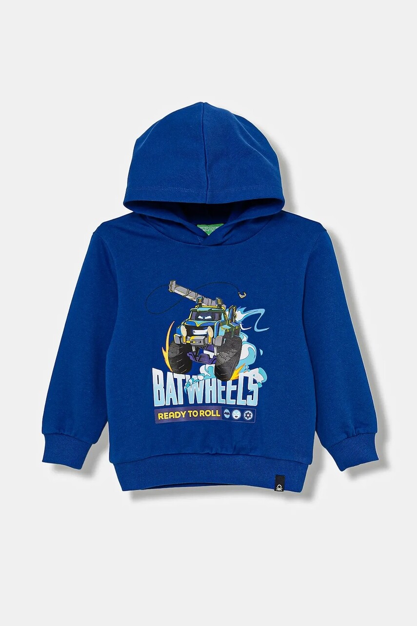 Detská bavlnená mikina United Colors of Benetton modrá farba, s kapucňou, vzorovaná, 3UNIG2016