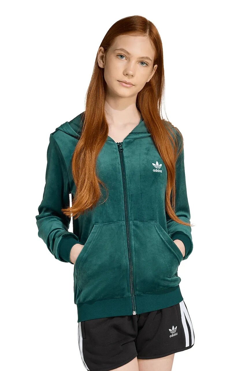 Detská mikina adidas Originals zelená farba, s kapucňou, jednofarebná, JX2846