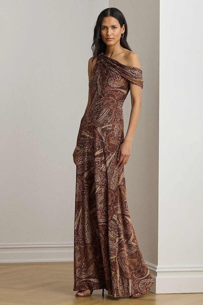 Šaty Lauren Ralph Lauren hnedá farba, maxi, áčkový strih, 253979869