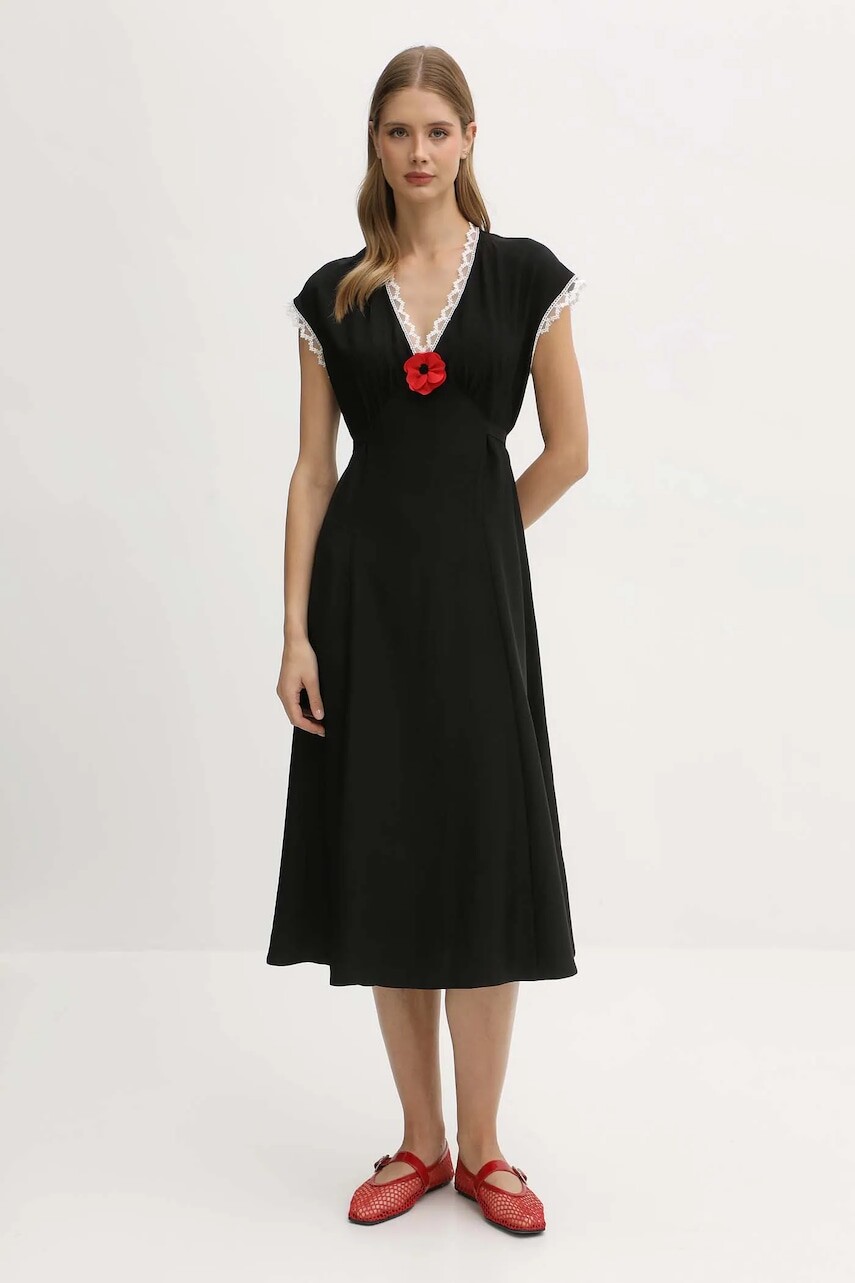 Viskózové šaty The Sleeper čierna farba, midi, rovný strih, PMDDR03P002L