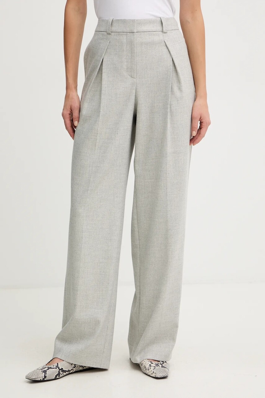 Nohavice s prímesou vlny BOSS Orange šedá farba, rovný strih, vysoký pás, 50547679