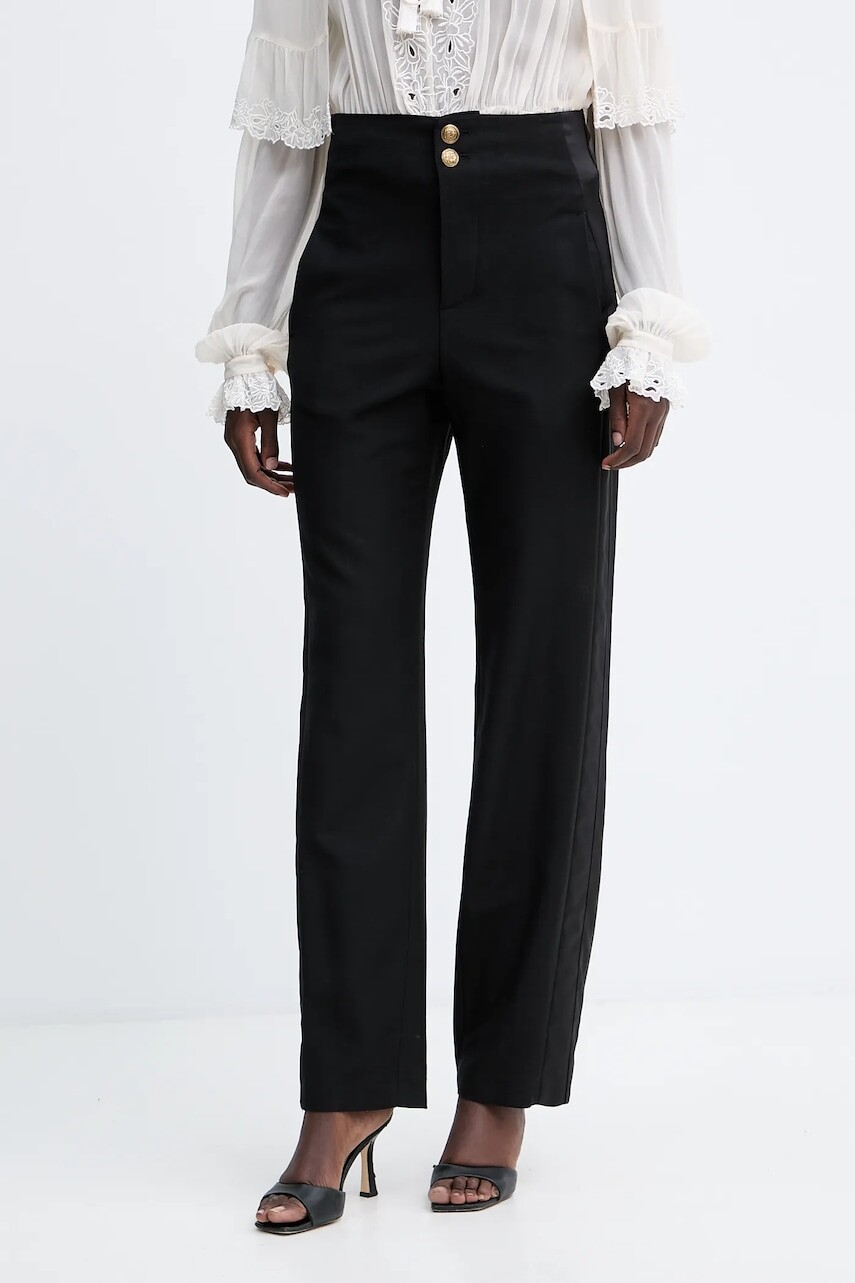 Nohavice s prímesou vlny Twinset čierna farba, rovný strih, vysoký pás, 252TS2063