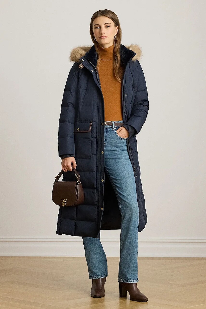 Páperová bunda Lauren Ralph Lauren tmavomodrá farba, prechodná, 297P04092