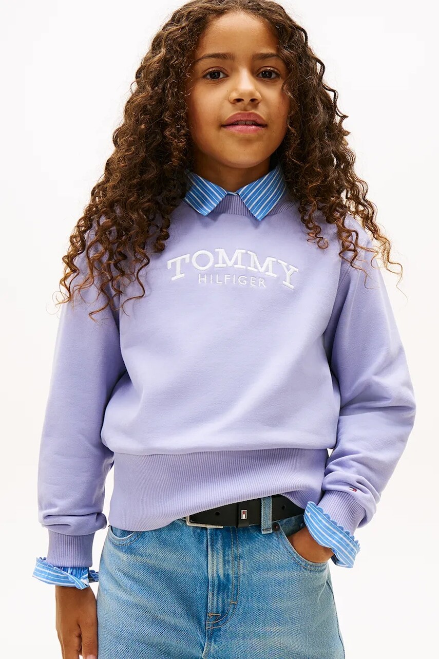 Detská mikina Tommy Hilfiger fialová farba, s nášivkou, KG0KG08989