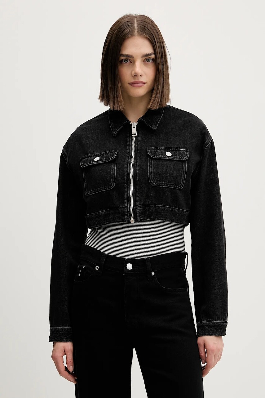 Rifľová bunda Tommy Jeans čierna farba, DW0DW22523