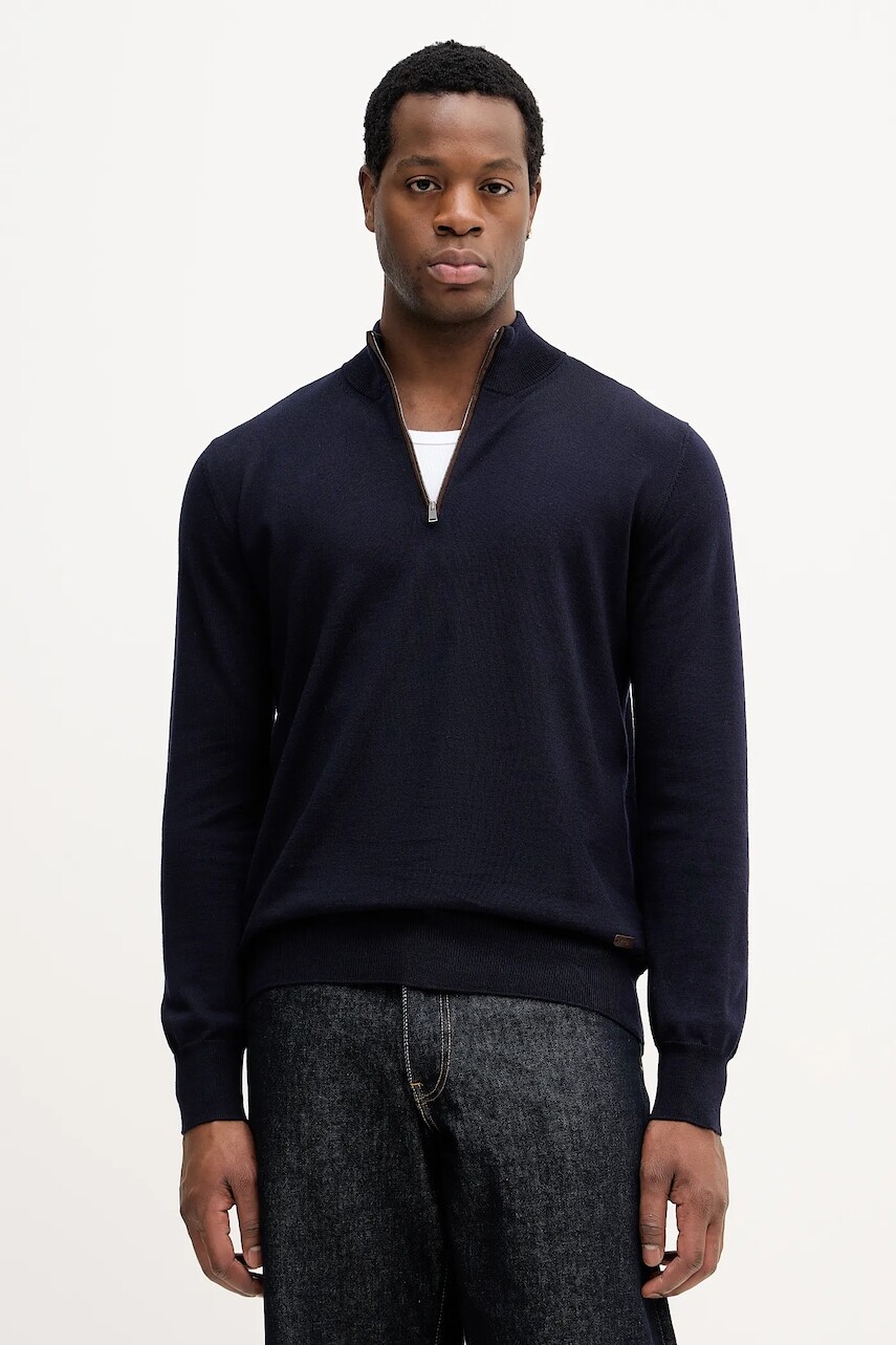 Vlnený sveter Eton tmavomodrá farba, ľahký, s polorolákom, 100013665