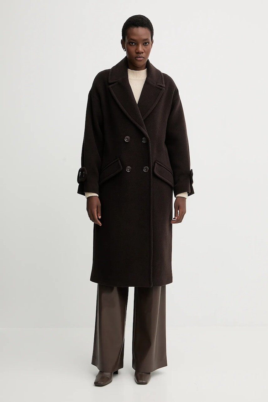 Kabát s prímesou vlny Sessun hnedá farba, 24112025