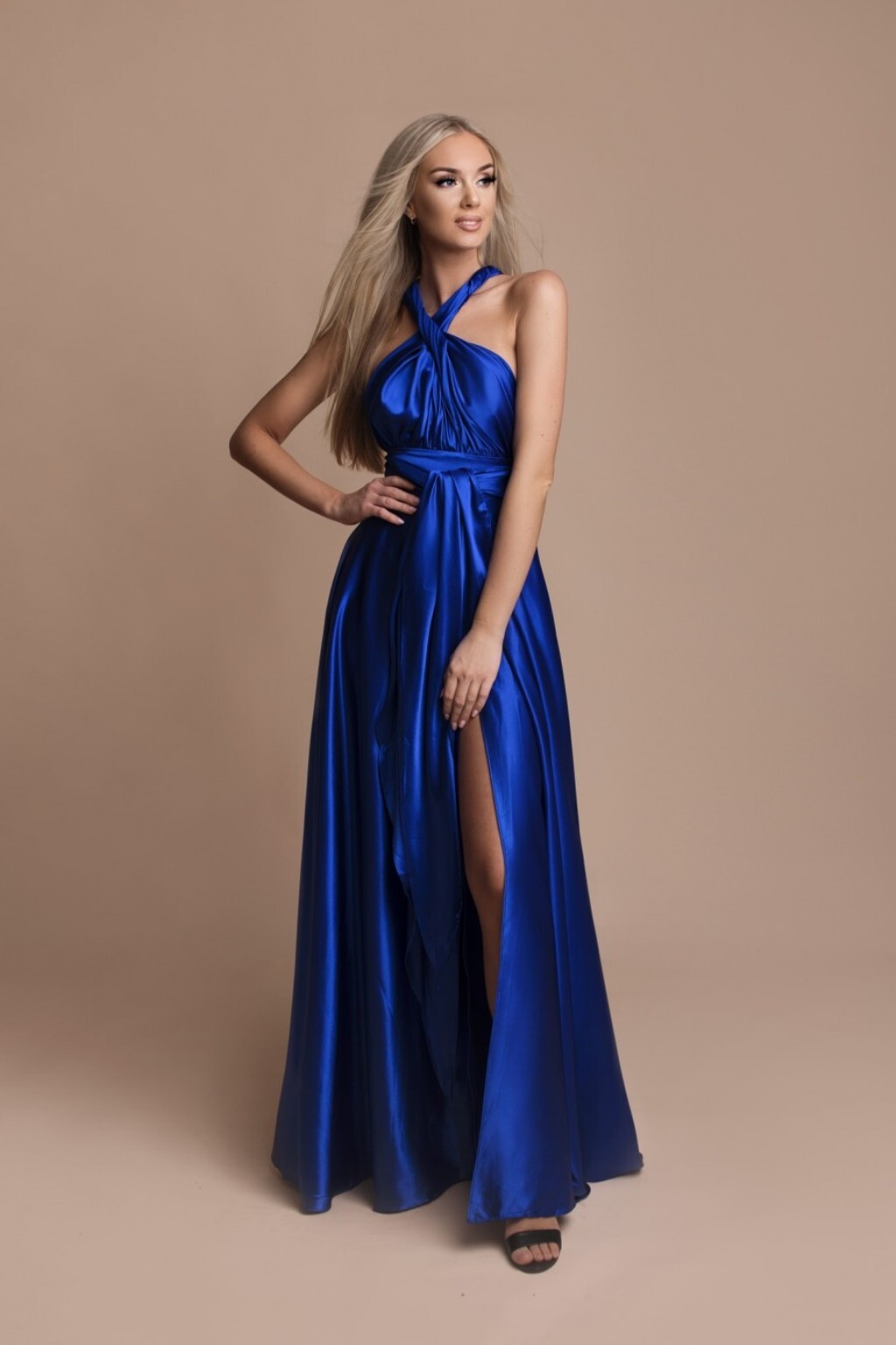 Eva & Lola Modré lesklé šaty na viazanie Veľkosť: M