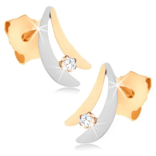 Náušnice v 9K zlate - lesklé dvojfarebné oblúky, zirkón čírej farby