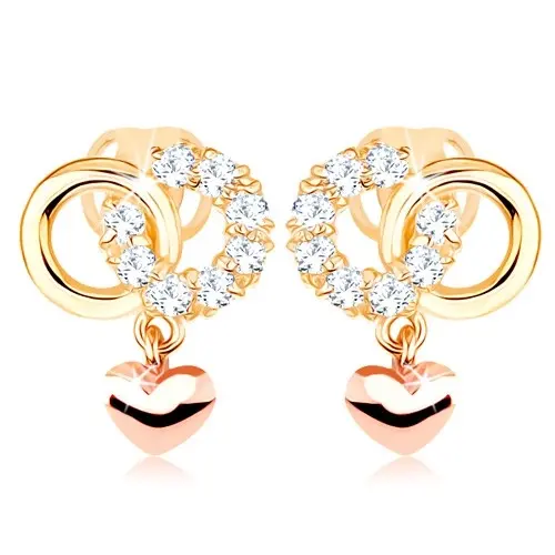 Náušnice z kombinovaného 14K zlata so spojenými obručami a srdcom
