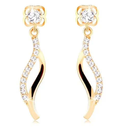 Visiace zlaté náušnice 14K so zirkónom a dvojitou vlnkou