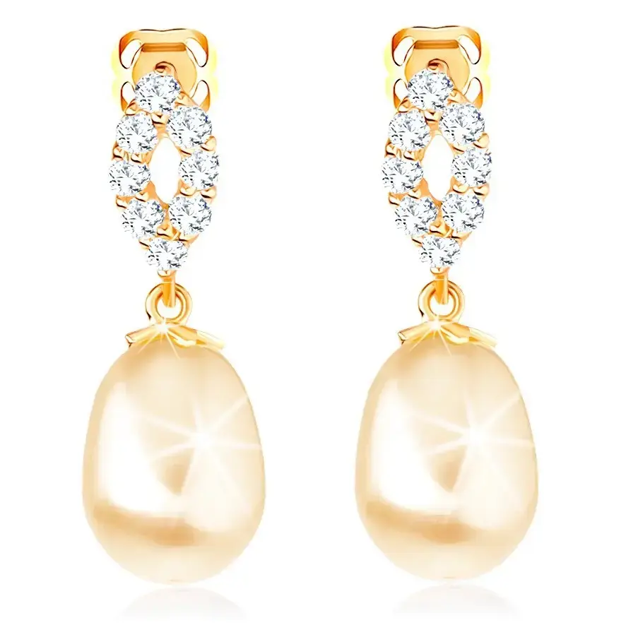 Náušnice zo žltého 14K zlata - trblietavý obrys zrnka, oválna perla