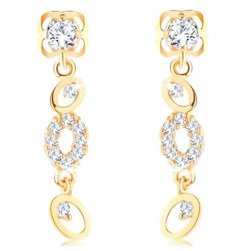 Zlaté náušnice 585 - spojené kontúry oválov, okrúhle zirkóny čírej farby