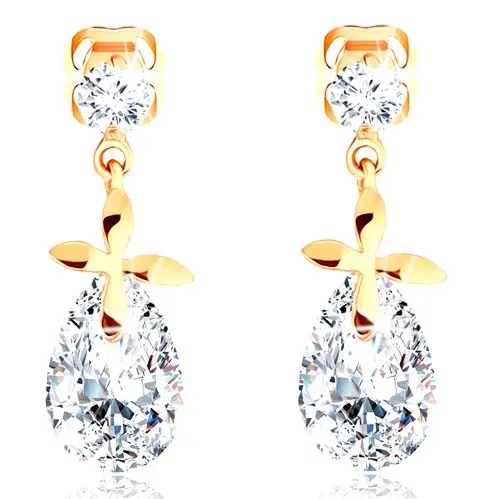 Zlaté náušnice 585 - okrúhly číry zirkónik, lesklý kvet a zirkónová kvapka