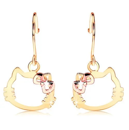 Náušnice zo 14K zlata - kontúra hlavy mačky s mašľou z ružového zlata