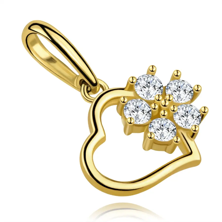 Zlatý prívesok 9K v tvare srdca so zirkónovou kvetinou